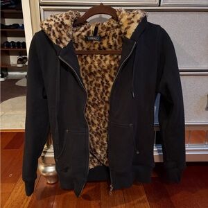 Buffalo Black Full Zip Swestshirt Jacket with Brown Leopard Faux Fur Lining Hood